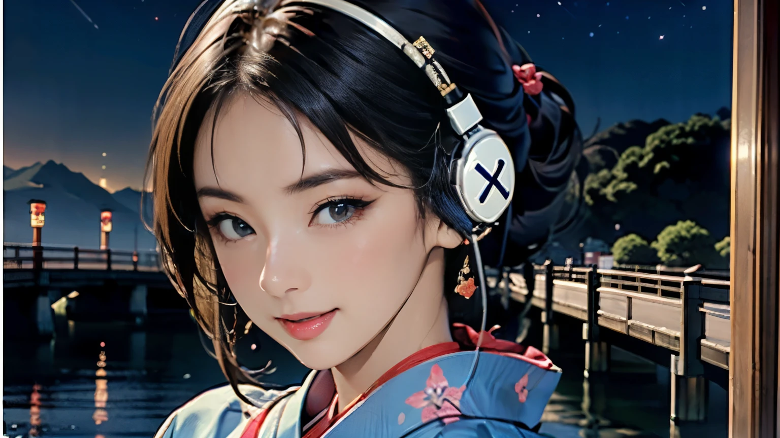 (Highest quality, 8k, masterpiece, High resolution), (whole body), Vibrant colors, Brown-black bob, Traditional topknot, Ample breasts, (Detailed face, Beautiful Face, Beautiful Eyes, Beautiful nose, Pretty lips), Official artwork, Ukiyo-e style, (Beautiful woman in kimono), (Vivid floral patterned kimono), background, river, bridge, Mountain, ((night, Starry Sky)), plum, (((headphones))), ((smile)),