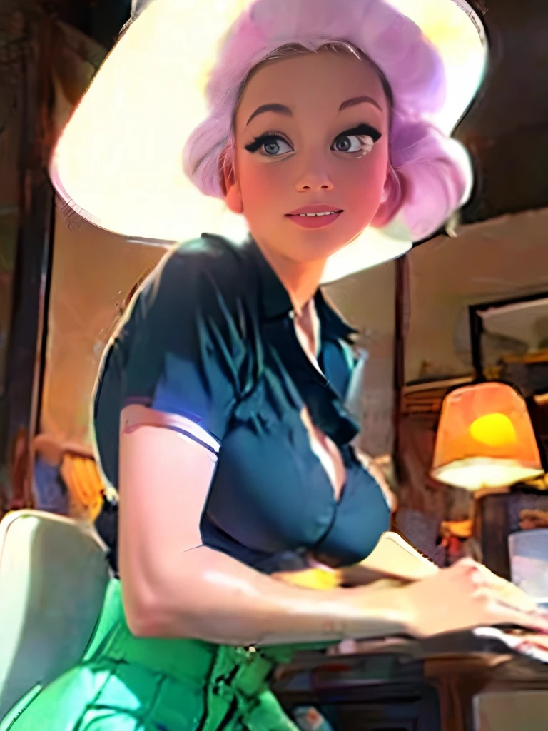 araffe woman sitting in a chair with a lamp and a lamp shade, a pastel by Dan Luvisi, tumblr, pop art, pinup style, 5 0 s style, 50s style, retro 5 0 s style, rockabilly style, pinup pose, sixties pinup, pin up girl, pin up, rockabilly, pinup, 1 9 5 0 s style