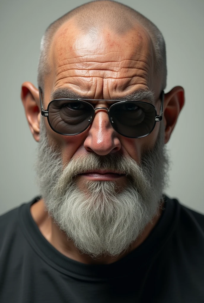 white male , , crooked nose, shaved head , white bearded, round glasses with dark lenses , black tee