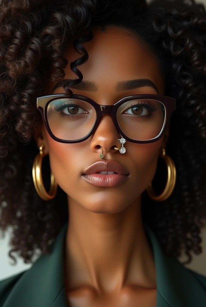 Une femme  aux aires très sérieuses 1.	Visage :
	•	Peau matte doré foncé 
	•	Yeux marron foncé avec cernes marqués et foncées .
	•	Visage ovale.
Mâchoire peu marquée 
	2.	Cheveux :
	•	Crépus de type 4a, bien définis et volumineux.
	3.	Accessoires :
	•	Créoles dorés.
Un anneau avec 3 petits diamants sur la narine gauche 
	4.	Lunettes :
	•	Grosses et CARREES, avec une fine monture.
	5.	Lèvres :
	•	Légèrement pulpeuses, lèvre du bas plus rosée.
	