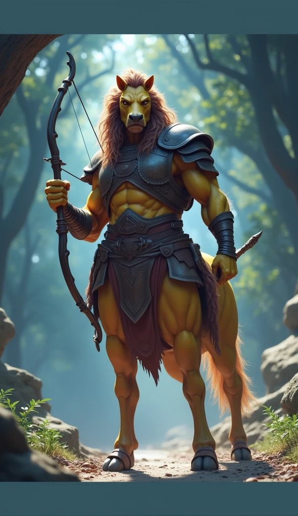 a centaur, detailed muscular body, glowing golden skin, fierce eyes, flowing brown hair, intricate leather armor, holding a bow and arrow, standing amidst a lush forest, dramatic lighting, cinematic composition, rich colors, fantasy art, unreal engine, 8k, high quality, photorealistic