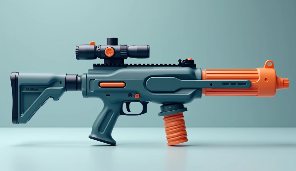 Mini double water gun toy,Integrated rifle mount,Simple surface pattern,Transparent magazine and scope recessed,(Similar structure to M416),(Double muzzle:1.3),Smooth lines,Plastic material,Three-color Morandi color matching,high quality,Professional Product Photography,Table background,3d, OC Rendering,8K,