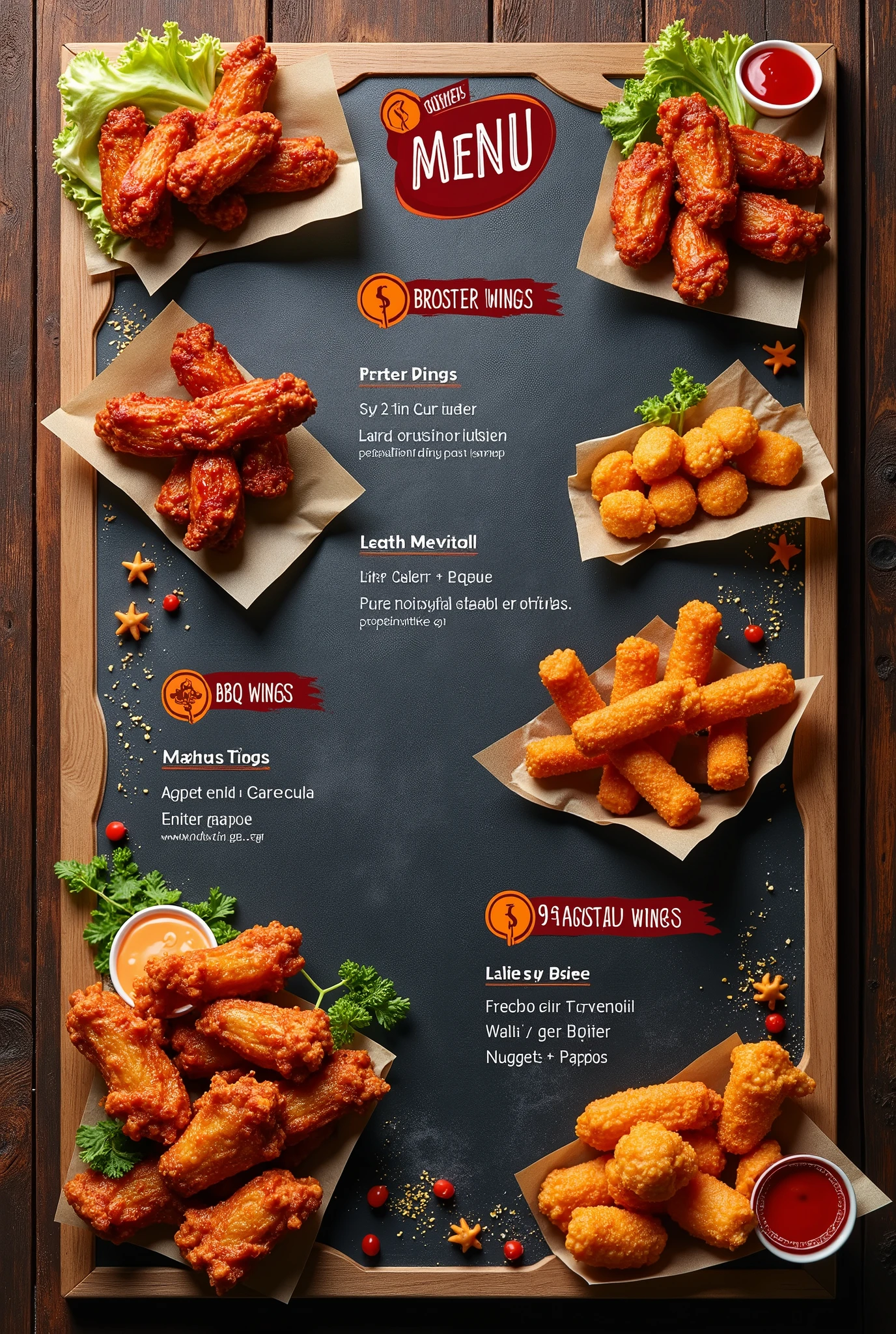 create a menu card: broster wings, BBQ wings, Marinated Wings + papas, nuggets + papas
