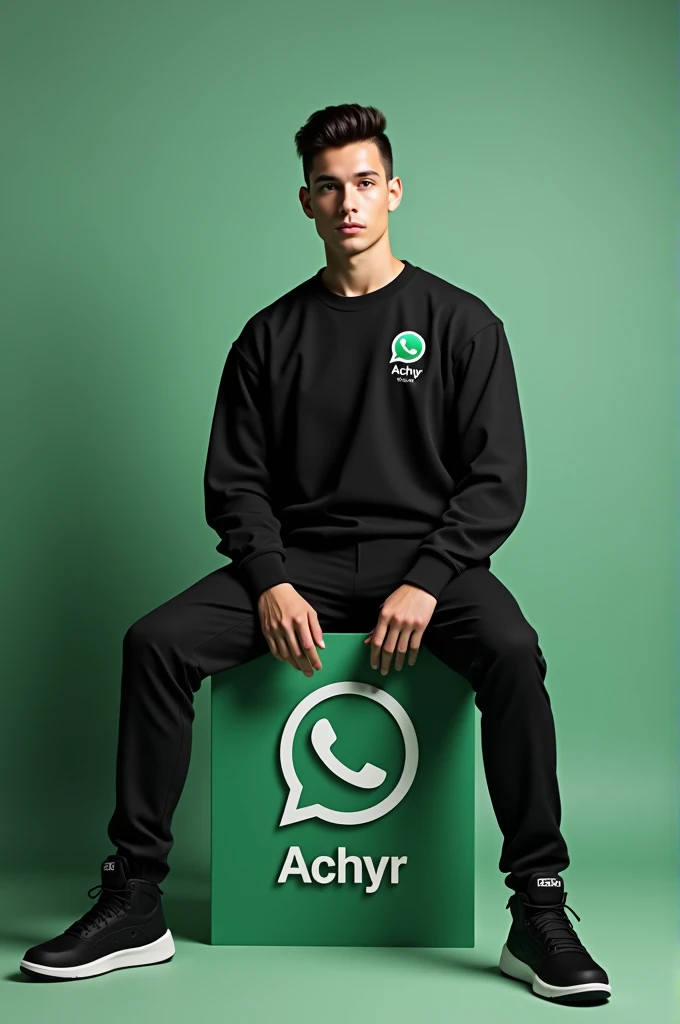 realistic photo,handsome man has. 20 years old wearing a black long-sleeved shirt with the WhatsApp logo written Achyr official.wearing black pants black Jordan shoes. WhatsApp background.sitting on top of the rectangular ACHIR name with the WhatsApp logo. WhatsApp background. 3d realistic.