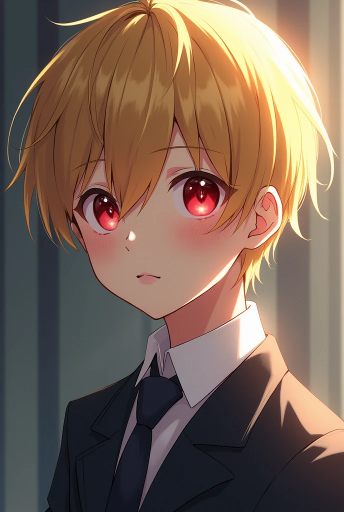 boy who has blond hair and red eyes and a white star in his left eye in the pupil, and wears a school uniform and has a face that would be anime style oshi no ko 