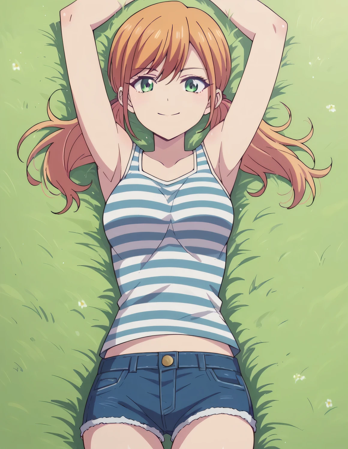 riho tsukishima, long hair, bangs, twintails, green eyes, low twintails, striped tank top, jean shorts, high quality, solo, lying, on back, arms up, spread arms, closed mouth, on grass, medium breast, looking at viewer, cowboy shot, smile, best quality,