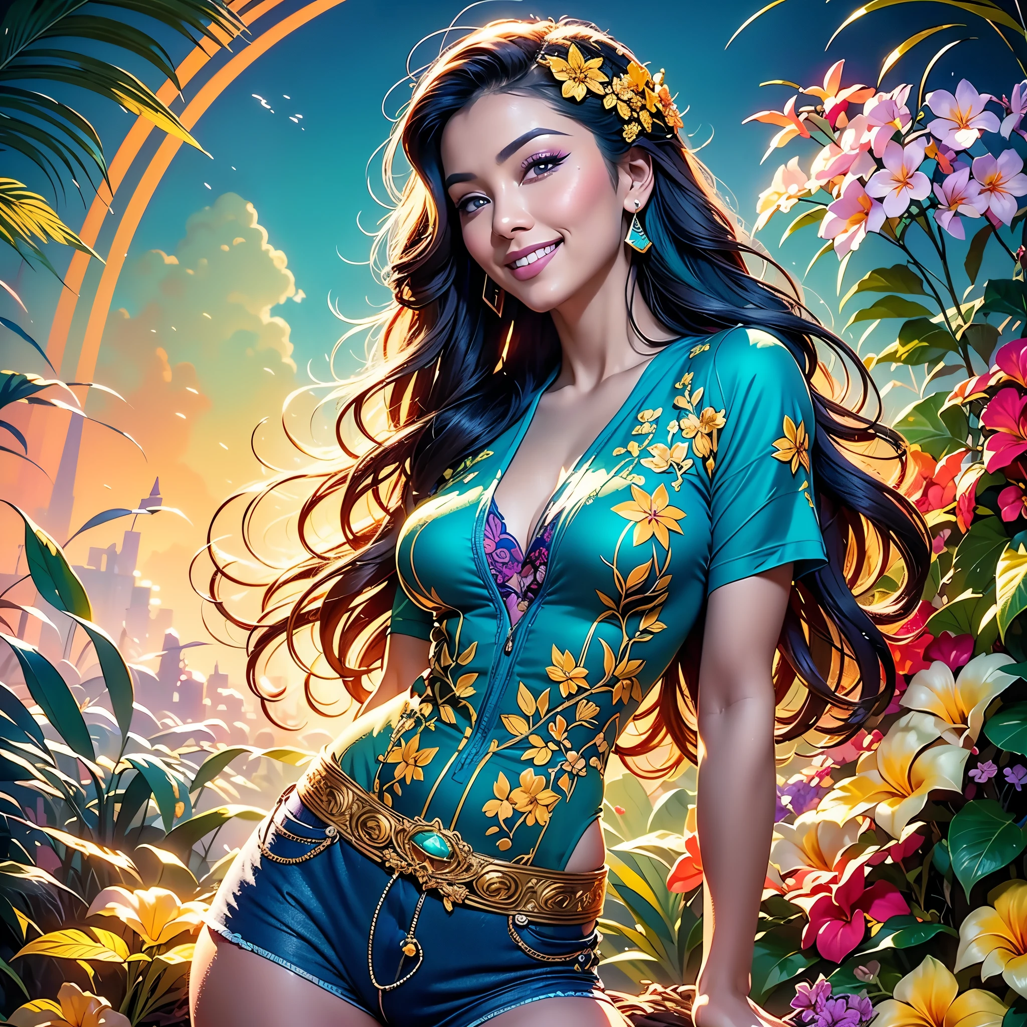 Vibrant art deco painting, upper body portrait. Thai woman wearing plumeria flower design t-shirt and jean shorts, smiling, surrounded by lush tropical foliage. Looking at camera. Splash art, early 20th century art nouveau. Delicate, intricately detailed plumeria flowers in her hair, multicolored locks flowing. Soft, warm volumetric lighting and misty atmospheric effects, with golden hour glow. Dynamic, triadic colors, orange and teal prominent, deep blues and purples in background. High contrast, hyper detailed textures, 8k resolution, Adam Hughes meets Alphonse Mucha, glowing ambient occlusion, Unreal Engine 5, Art Deco, maximalist, cinematic, detailed, meticulously crafted, ornate, intricate, excessive detail.