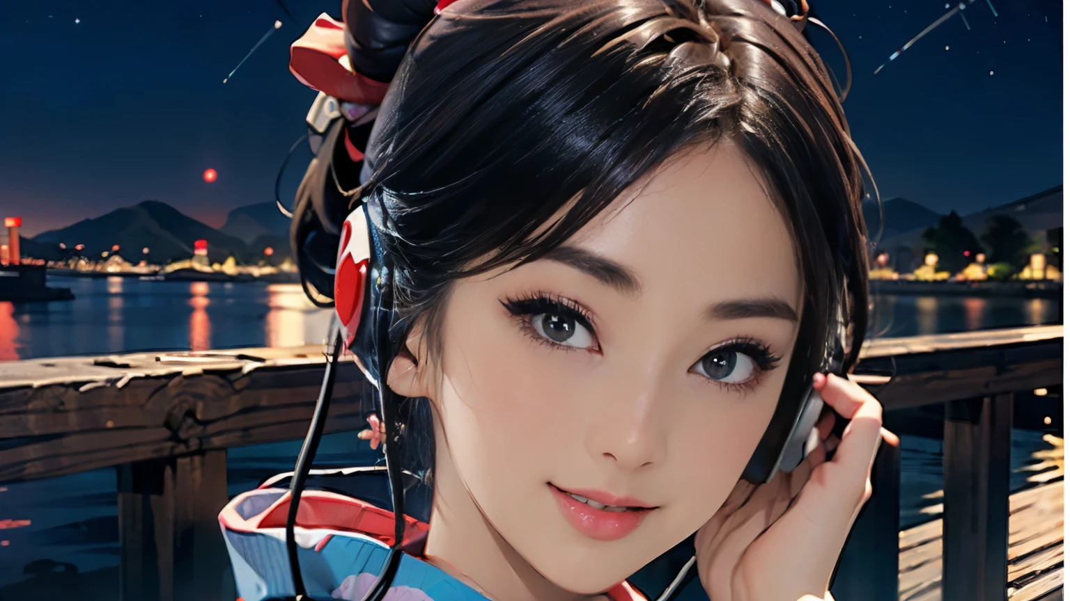 (Highest quality, 8k, masterpiece, High resolution), (whole body), Vibrant colors, Brown-black bob, Traditional topknot, Ample breasts, (Detailed face, Beautiful Face, Beautiful Eyes, Beautiful nose, Pretty lips), Official artwork, Ukiyo-e style, (Beautiful woman in kimono), (Vivid floral patterned kimono), background, river, bridge, Mountain, ((night, Starry Sky)), plum, ((headphones, wearing headphones)), ((smile)),