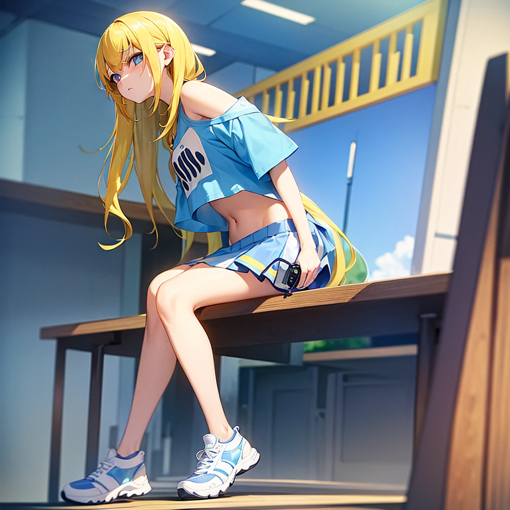 best quality, masterpiece, 1 girl, yellow hair, Blue eyes, splatoon, Highly transparent picture, medium breasts, short, blue headphones, white frilled crop tops, off shoulder, bare shoulder, blue short skirt, mini skirt, long hair, full body, sitting, bench, looking down, side view, yellow ink, night, city, delicate、、outside, Thick legs、navel, short sleeve, blue sneaker,