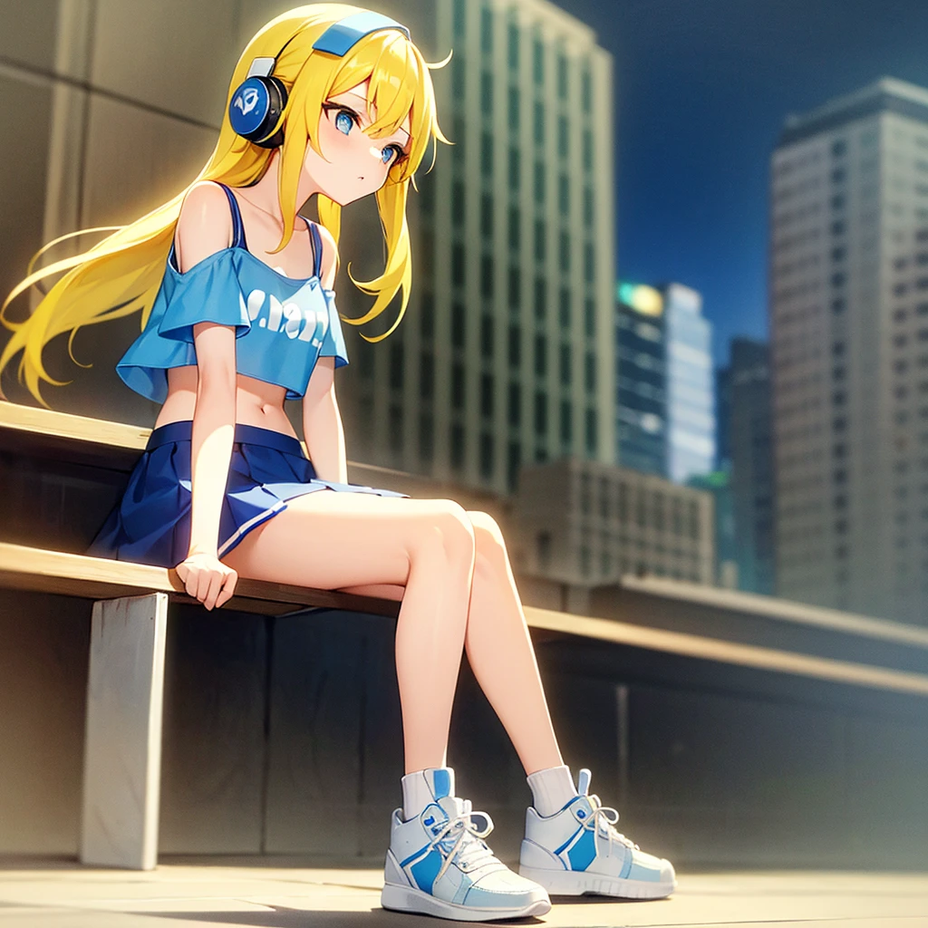 best quality, masterpiece, 1 girl, yellow hair, Blue eyes, splatoon, Highly transparent picture, medium breasts, short, blue headphones, white frilled crop tops, off shoulder, bare shoulder, blue short skirt, mini skirt, long hair, full body, sitting, bench, looking down, side view, yellow ink, night, city, delicate、、outside, Thick legs、navel, short sleeve, blue sneaker,