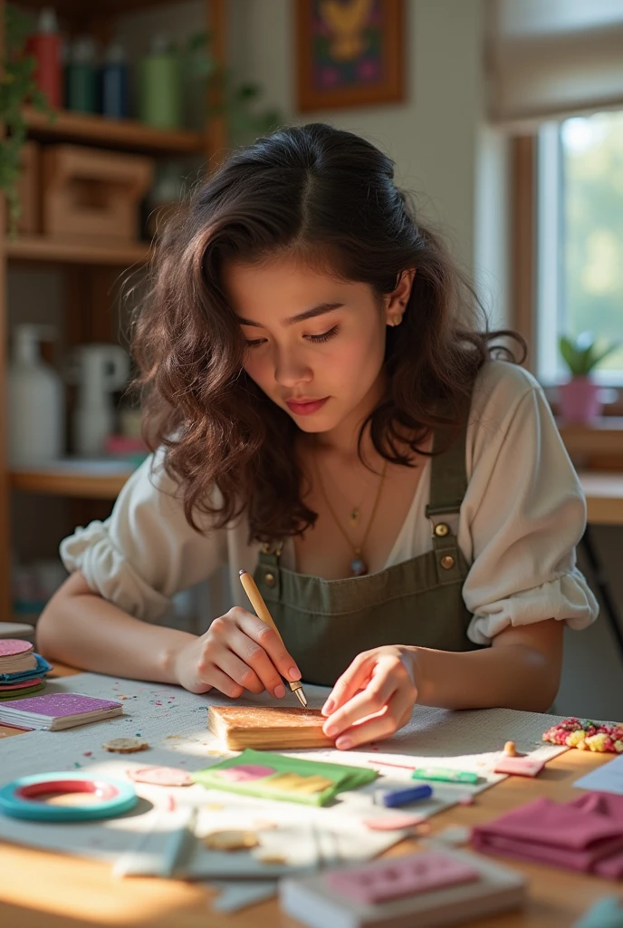 A curly-haired brunette doing crafts 