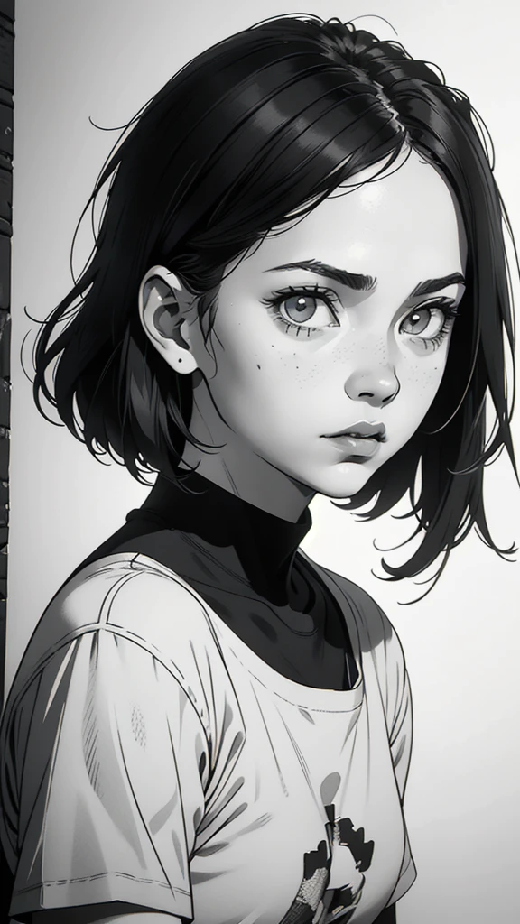 1 boyish girl, solo, sharp eyes, expressionless, monochrome, greyscale, short black hair, portrait, white T-shirt, closed mouth, looking at viewer, graphite \(medium\), detailed lips, hatching \(texture\), without makeup, bangs, upper body, (best illustration), (best quality), (very detailed), (masterpiece), expressionless,