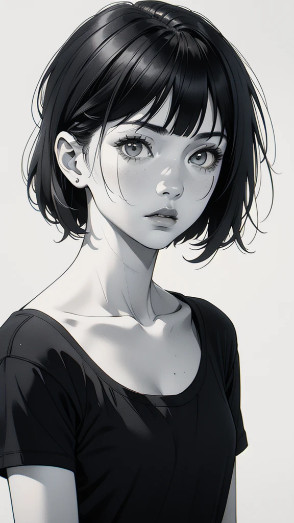 1 boyish girl, solo, sharp eyes, expressionless, monochrome, greyscale, short black hair, portrait, white T-shirt, closed mouth, looking at viewer, graphite \(medium\), detailed lips, hatching \(texture\), without makeup, bangs, upper body, (best illustration), (best quality), (very detailed), (masterpiece), expressionless,
