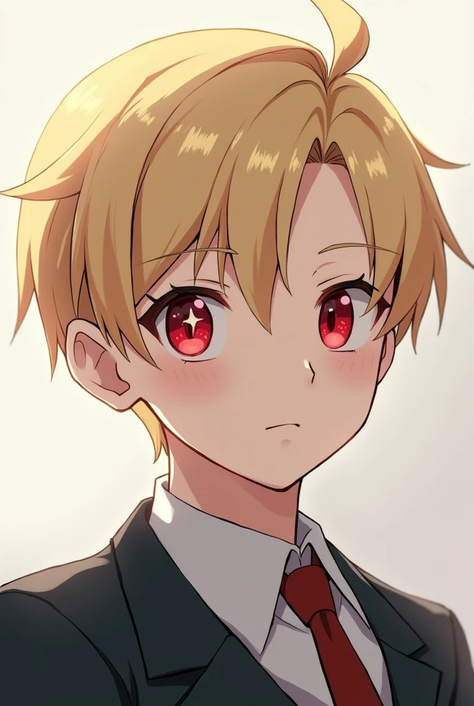 boy who has blond hair and red eyes and a white star in his left eye in the pupil, and he wears a school uniform and has a face that would be anime style oshi no lo