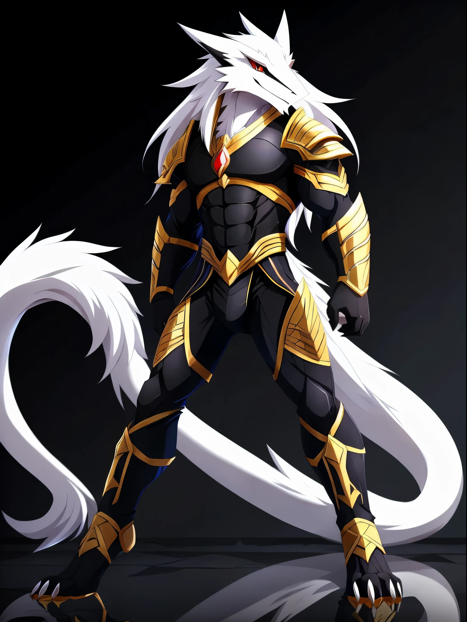 1 Sergal, (best quality, upper half, anime style:1.2), Male, (pure white fur, red eye, slit eye, black marking around eyes) dark background, muscular, wearing black and gold armor, muscular, perfect tail, black claws, perfect tail, long tail, anime style, 8k, masterpiece, best quality, highres, high details, 16k, long white hair, digitigrade legs,