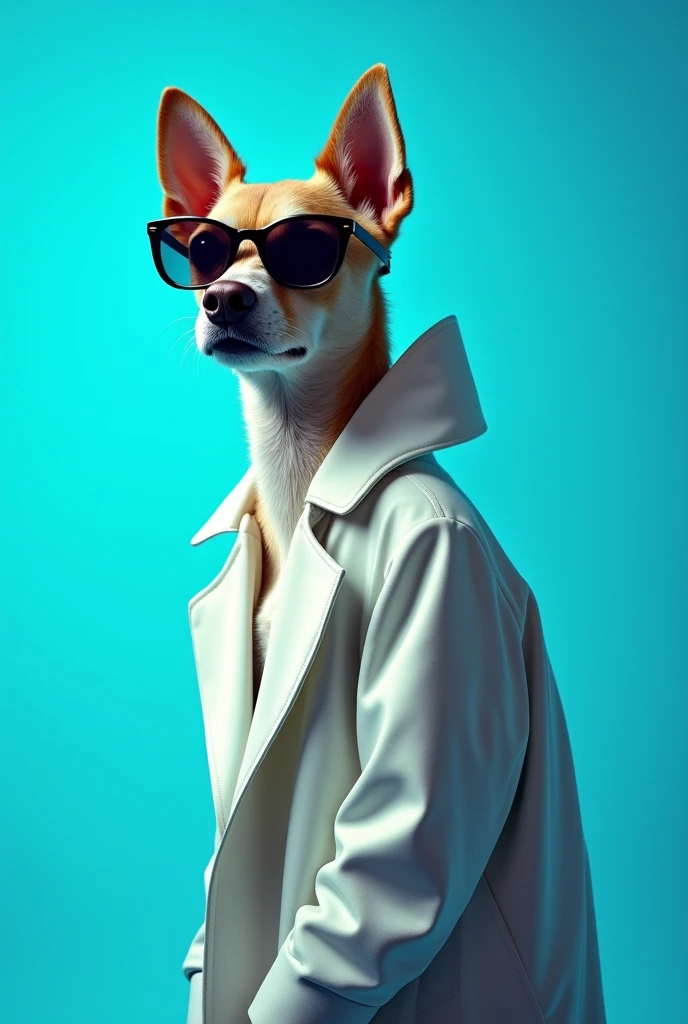 The best cell phone wallpaper, Award-Winning Wallpaper, portrait photography, In the front view is a portrait of a cute dog wearing mid-1960s space age fashion, Side view photo, Shot with Canon EOS R5, Set a strong contrast that accentuates the subject, Fluorescent blue tone, Wearing a very modern coat and sunglasses is a modern 1960s style, Clothes all in one color, beautiful background