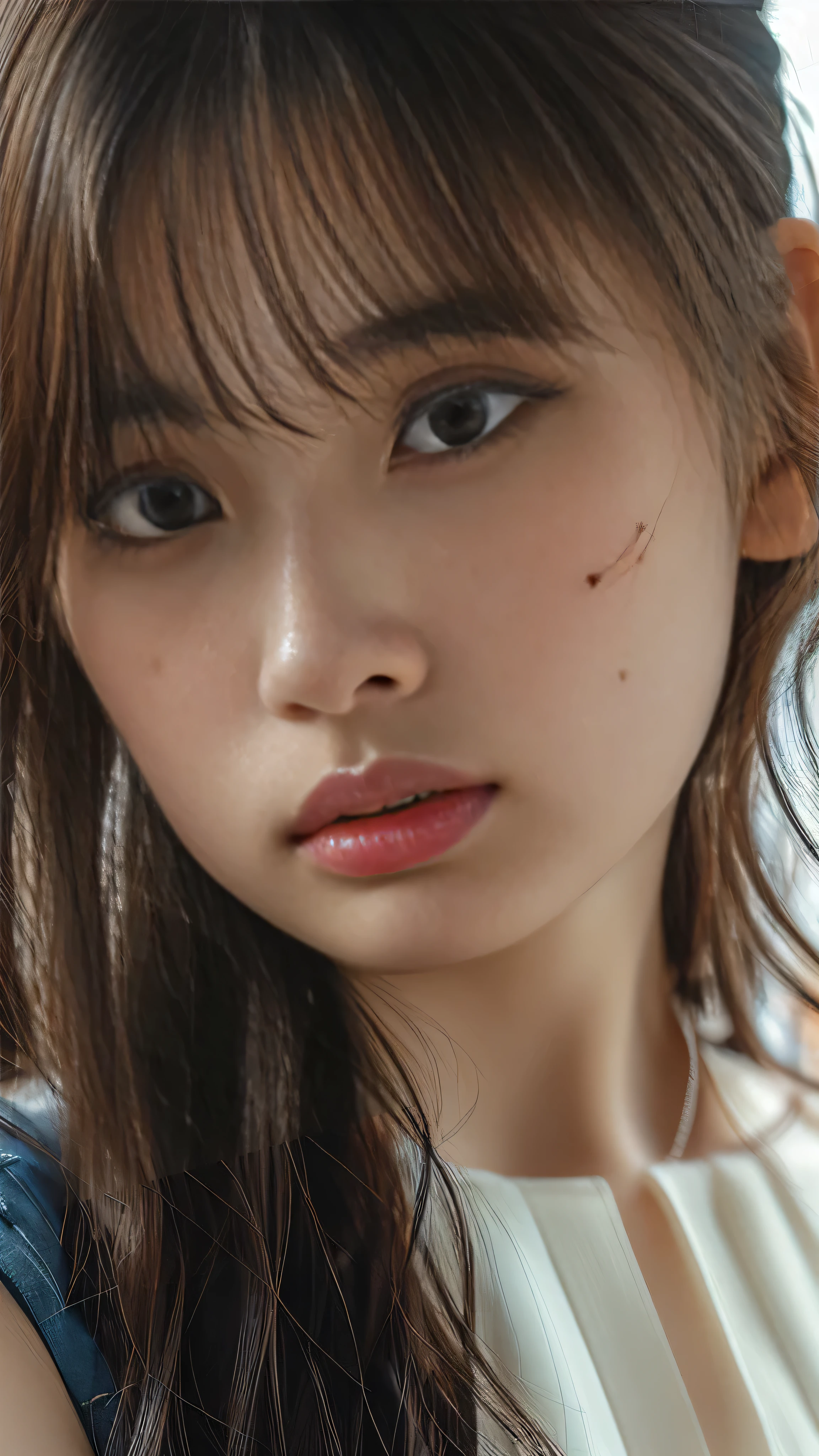Japanese woman wearing a sleeveless turtleneck sweater、 (((masterpiece))), ((Highest quality)), ((Intricate details)), (((超Realistic)), irrational solution, The Law of Perspective, Very detailed, Realistic, 1 girl, ((Very huge bigger than a face)), Perfect hands, finger details, Beautiful and beautiful eyes, ponytail, Brown eyes,(Sleeveless:1.2),, Detailed Background,, Perfect Eyes, Captivating eyes, (((from the front)))、Laughter、Moles around the mouth、Knit dress、Bust up shot