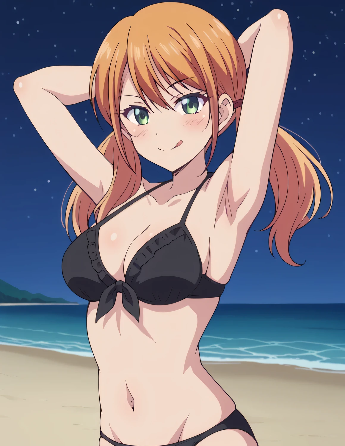 riho tsukishima, long hair, bangs, twintails, green eyes, low twintails, black bikini, black panties, tongue out, high quality, solo, blushing, night sky, beach, arms behind head, medium breast, contrapposto, closed mouth, spread armpits, cowboy shot, looking at viewer, smile, best quality,