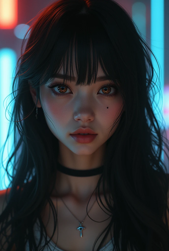 Create an image of a girl, long dark hair, 
with big brown eyes ,light brown skin,
 with a mole on the cheek, cyberpunk style