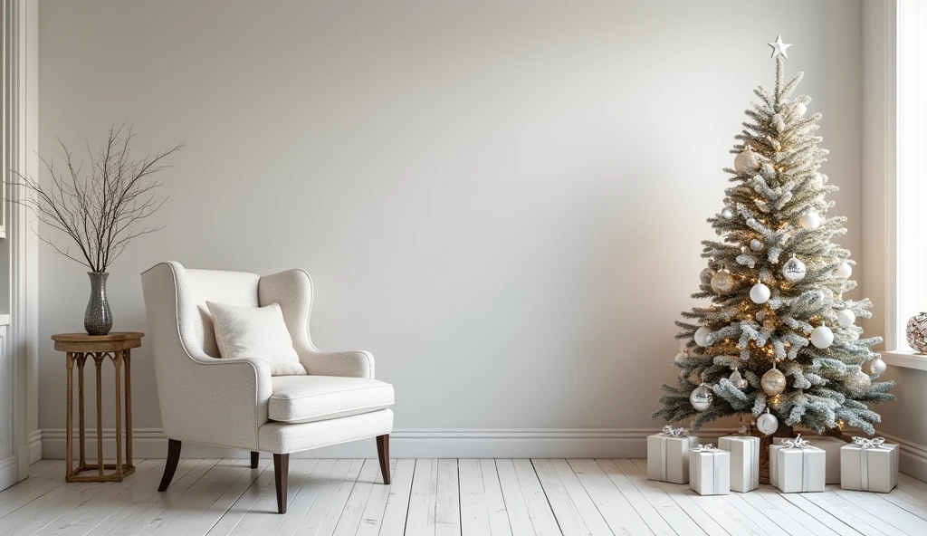 Christmas room with wall piano, Luster, armchair, all white