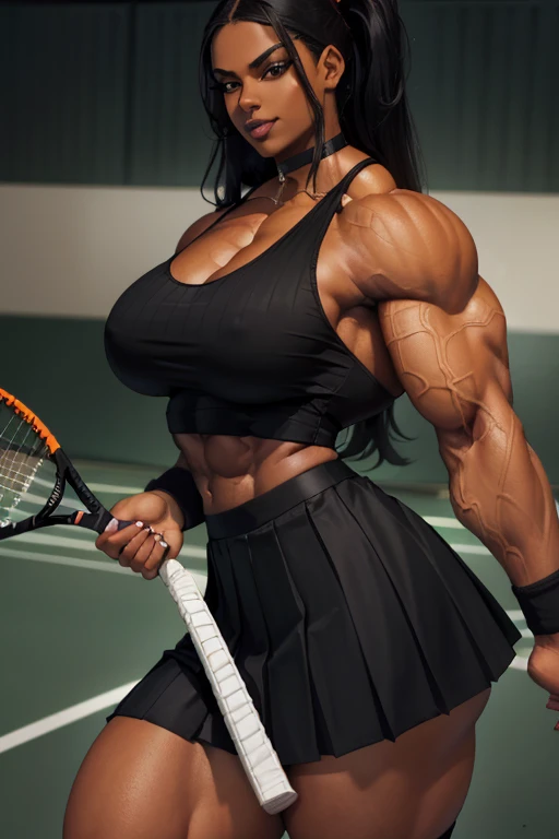 (((Close-up))), tall, (black hair) beautiful muscular woman, long straight hair, brown skinned, large breast, closed smile, (black lipstick), (massive muscles), (hyper muscle), (((ginormous bulky muscles))), orange eyes, (((black tennis top))), (((long black pleated skirt))), (thigh high socks), choker, (holding tennis racket), sneakers, in a tennis court, 