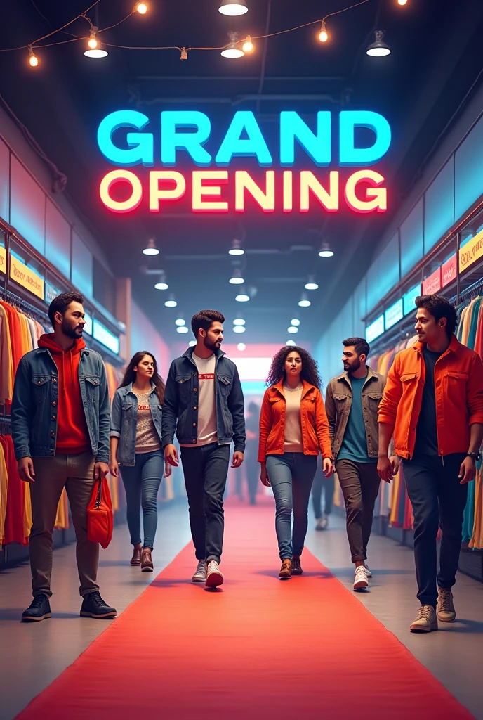 Make A advertisment photo in hindi language to share on social media ads of my new garments shop opening named "Shri shyam Garments" where I will sell all clothes for mens, women's,kids and footwear too
