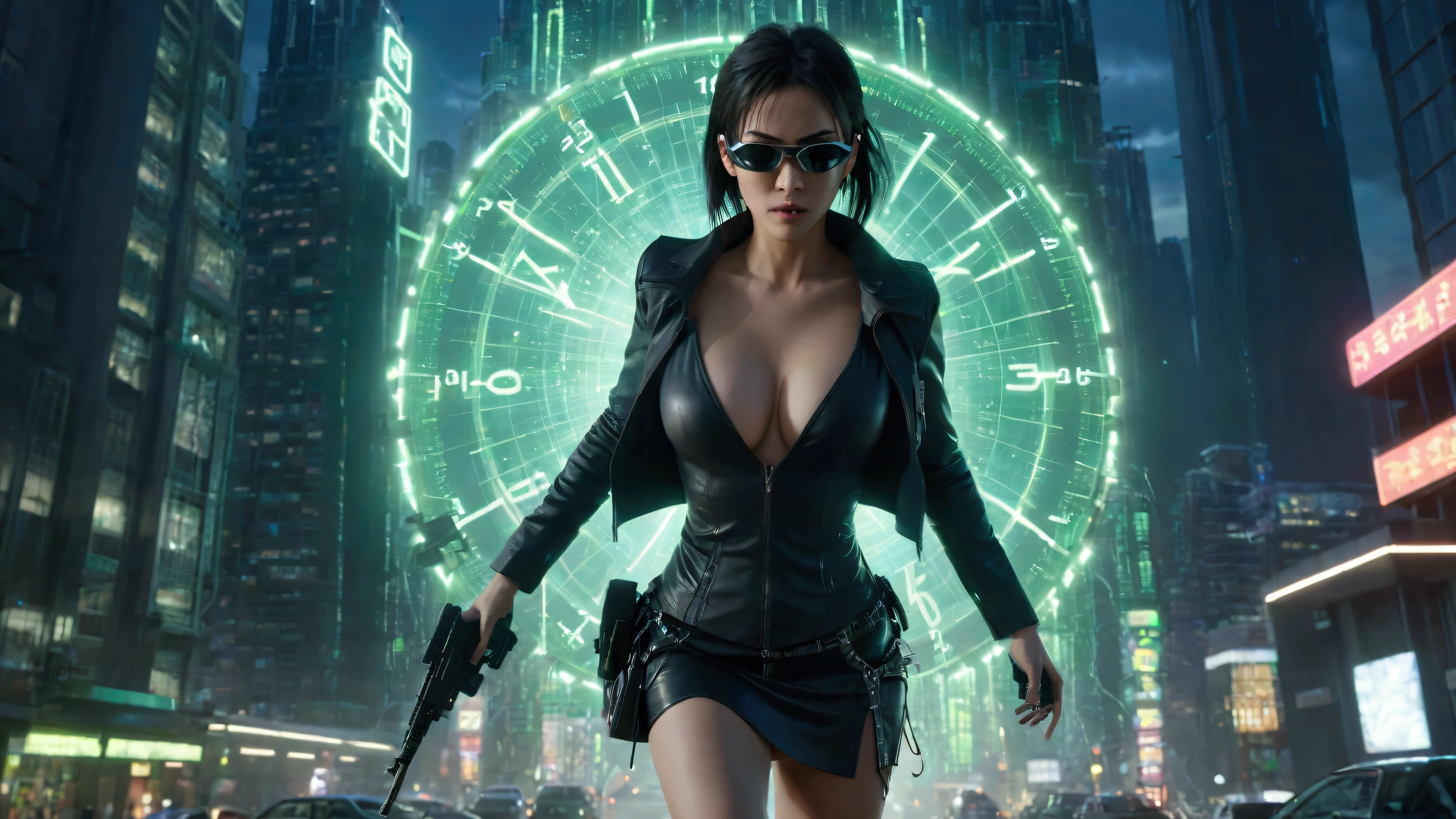 (Wide angle aerial view). Matrix film inspired city, simple outlined neon tall buildings, glowing ghost-like transparent clock tower, helicopter, lightning, close-up glowing matrix cascading code, 3D rendering Beeple. At night, (1girl, solo, alone), photorealistic, large-breast slim:0.6 body, oval:0.5 face, cleavage:1.1, miniskirt, deep-v, ((upskirt)), glove, (Matrix style black micro sunglasses), ((aiming viewer with a short gun)), dynamic running pose, (half-body thigh level close-up shot), cinematic lighting, ray tracing, motion blur background.