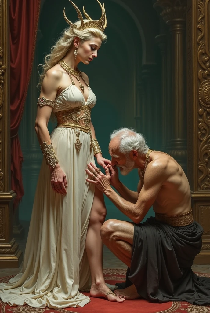 An old male foot slave kissing feet of goddess