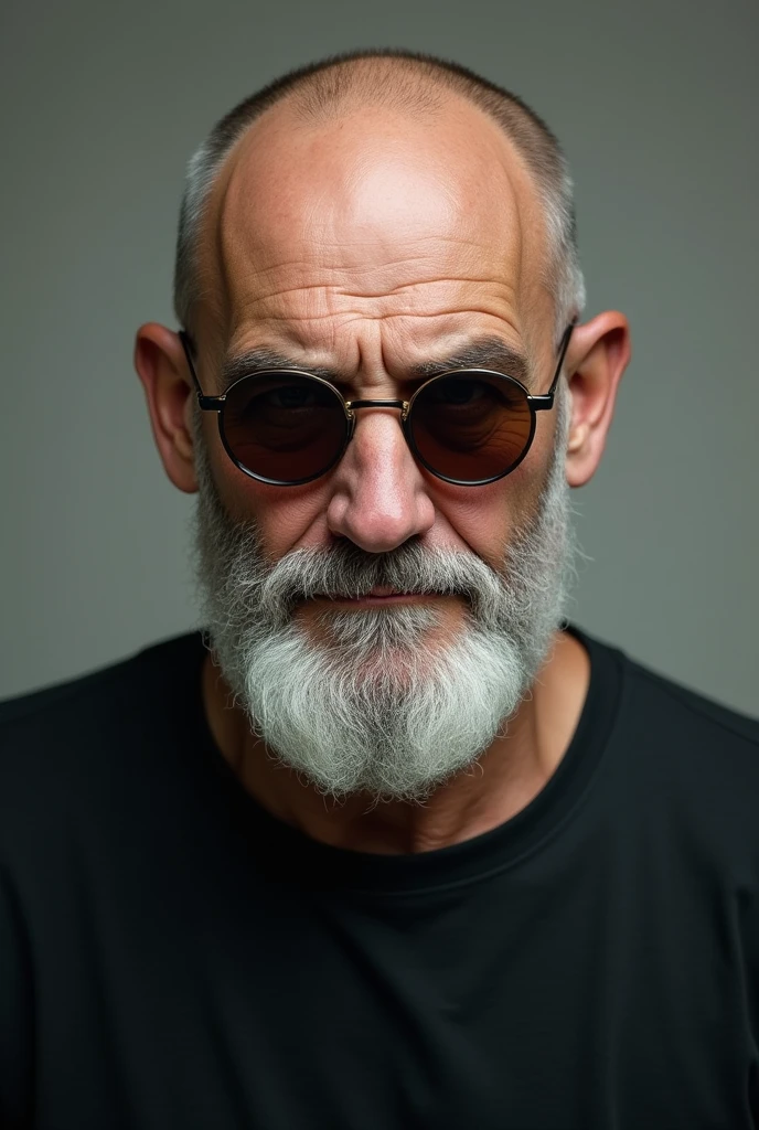 white male ,  crooked nose, shaved head , white bearded, round glasses with dark lenses , black tee 