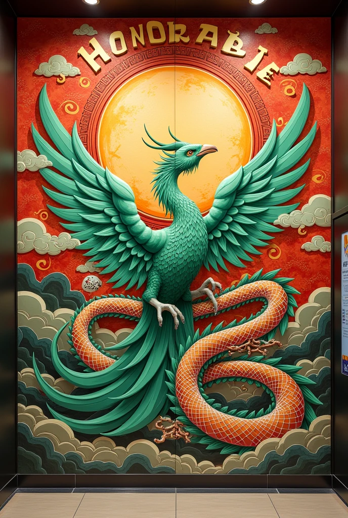 a mural with the word HONORABLE and a green phoenix and shenlon