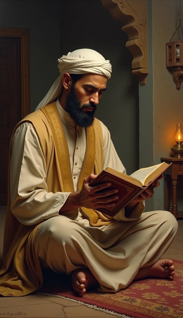 oil painting depicting Ubay bin Ka'ab, a friend of the Prophet Muhammad SAW, is reading the Qur'an with full devotion. Ubay ibn Ka'ab is depicted wearing a classic traditional Arab robe and posing seated in a simple yet meaningful room.. The background of the room should highlight the religious atmosphere with elements such as oil lamps or lanterns.. The details in the painting should emphasize the facial expressions full of appreciation and spiritual depth when reading the Qur'an.."