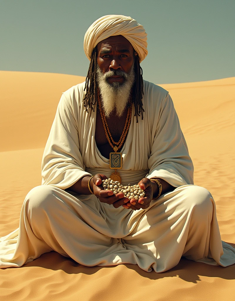 Unparalleled Award-winning illustration, (intricate detials: 1.2), (fine details), (Complicated details), (cinematiclight, Better lighting quality), clear line, Clear Focus, Orisha Black Man, elder, white clothes with cowries in their hands, sitting in the sand
