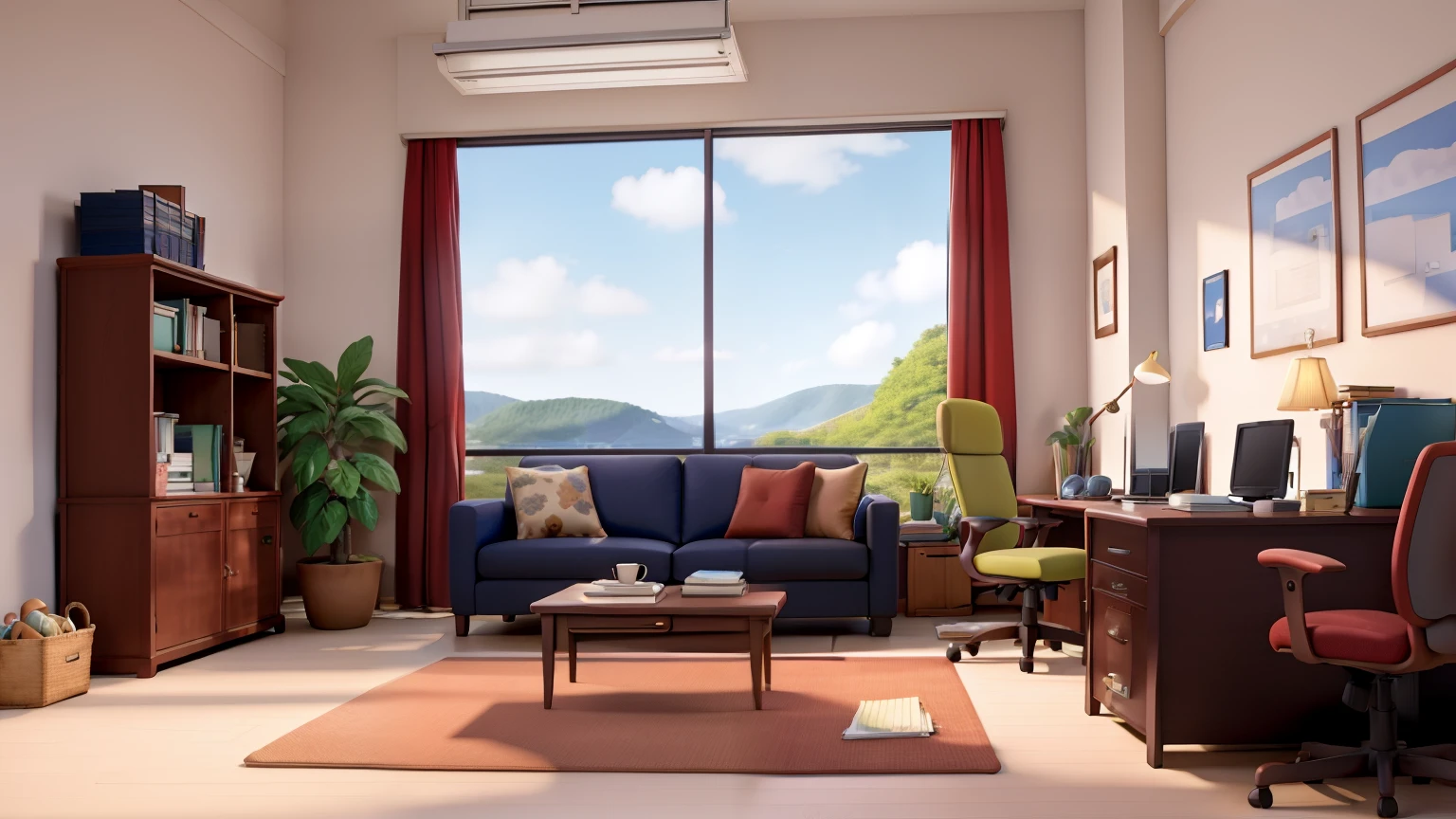Office of the Principal,sofa,Large Windows,Cartoon Style。Mid-shot。