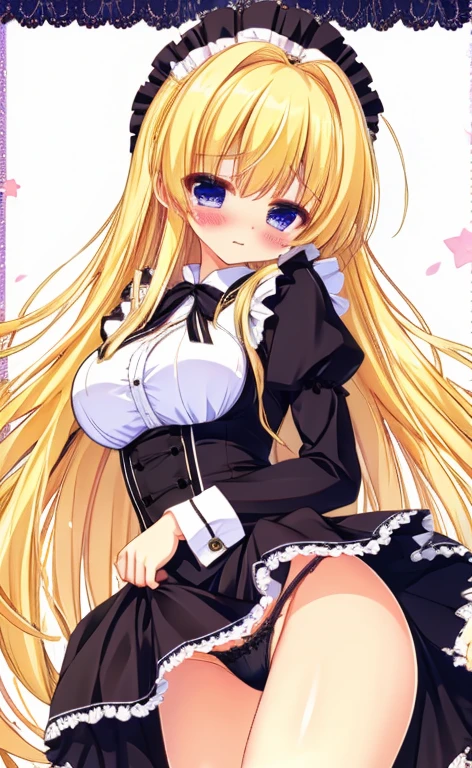 Beautiful long blonde Girl in black maid outfit Long sleeve Long skirt Small breasts Lace panties hand in panties Shyness With tears in my eyes