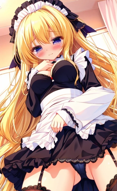Beautiful long blonde Girl in black maid outfit Long sleeve Long skirt Small breasts Lace panties hand in panties Shyness With tears in my eyes