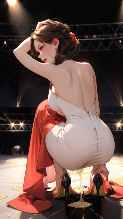 (NSFW:-0.9, nipple:-0.9, Acutance:0.85, White and Red, (Dazzling flush lights, lens flares, lens Ghost) ) . (best quality, masterpiece:1.3, realistic, photorealistic, (analog photo:1.37), ultra detailed:1.3) . (Stunning Japanese actress, Systemic), (Extremely detailed (face variations)) with joyful expressions, exquisitely depicted eyes, Biomechanical HUGE and HEAVY boob, pretty hips, (stunning elaborate long dress with back cutouts), (bare waists, bare backs, Overflowing sideboob), looking up at the audience, (award ceremony, Walking on stage, large crowd:1.5) . (((Ass focus, butt crack)))