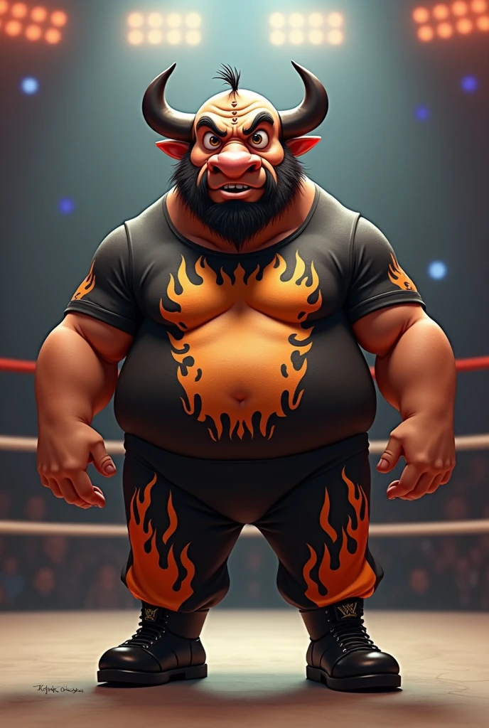 Fat cartoon buffalo dressed like WWE wrestler Bam Bam Bigelow.

Fat cartoon buffalo body. Cartoon Buffalo head. Cartoon Buffalo face. Cartoon Buffalo arms. Cartoon buffalo hands.

Fat. Bulky. Tooth missing.

 Short black beard. Bald. Flame tattoo on head.

Black T-shirt ordained with flames

Black pants ordained with flames. Black wrestling boots.

Standing in a wrestling ring.