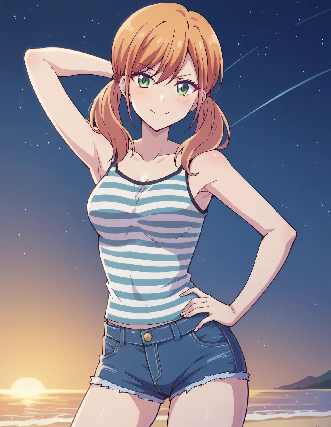 riho tsukishima, long hair, bangs, twintails, green eyes, low twintails, striped tank top, jean shorts, high quality, solo, blushing, night sky, beach, arm behind head, hand on hip, medium breast, contrapposto, closed mouth, spread armpits, cowboy shot, looking at viewer, smile, best quality,