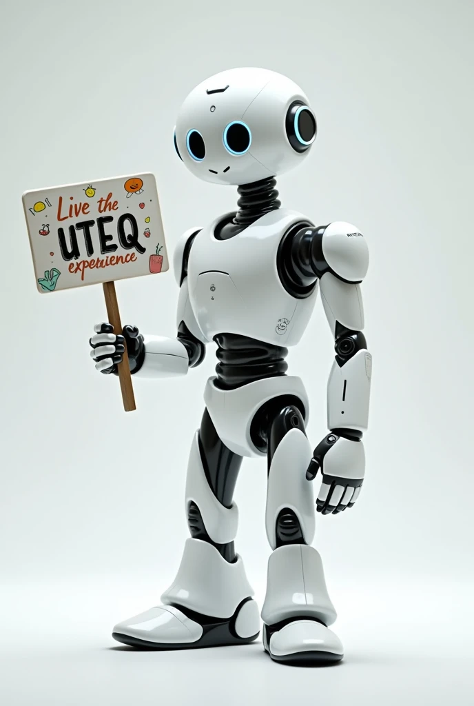 HELLO HELP ME CREATE A TALL, NICE, YOUNG, AND VERY FRIENDLY WHITE ROBOT FOR AGERS BETWEEN 17-2, BUT MAKE IT MORE ANIME, LIKE A CARTOON,
PERFECT NOW THAT SAME ROBOT MAKE IT WAVY WITH ITS HAND NOW WITH A SIGN THAT SAYS "LIVE THE UTEQ EXPERIENCE" BUT THE POSTER IS NOW IN THEIR HANDS, THE SAME ROBOT, THE SAME, DO NOT CHANGE IT AT ALL, MAKE IT MAKE A GREETING MOTION WITH ITS HANDS AND A SMILE