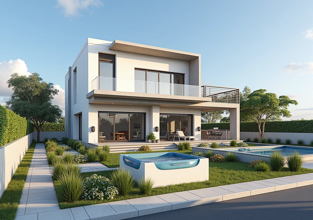 Le projet d'une maison sur un terrain de 420 mètres carrés. maison moderne à deux étages. Cour arrière herbeuse avec jacuzzi et jardin, Coin gourmand avec barbecue et table pour recevoir des amis. Éclairage dans le jardin et l'espace vert avec des plantes suspendues.