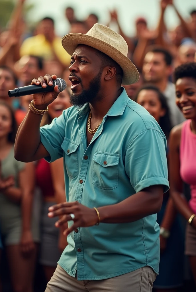 Un jeube antillais chante devant une foule en folie, il porte un chapeau et une chemise bleue claire