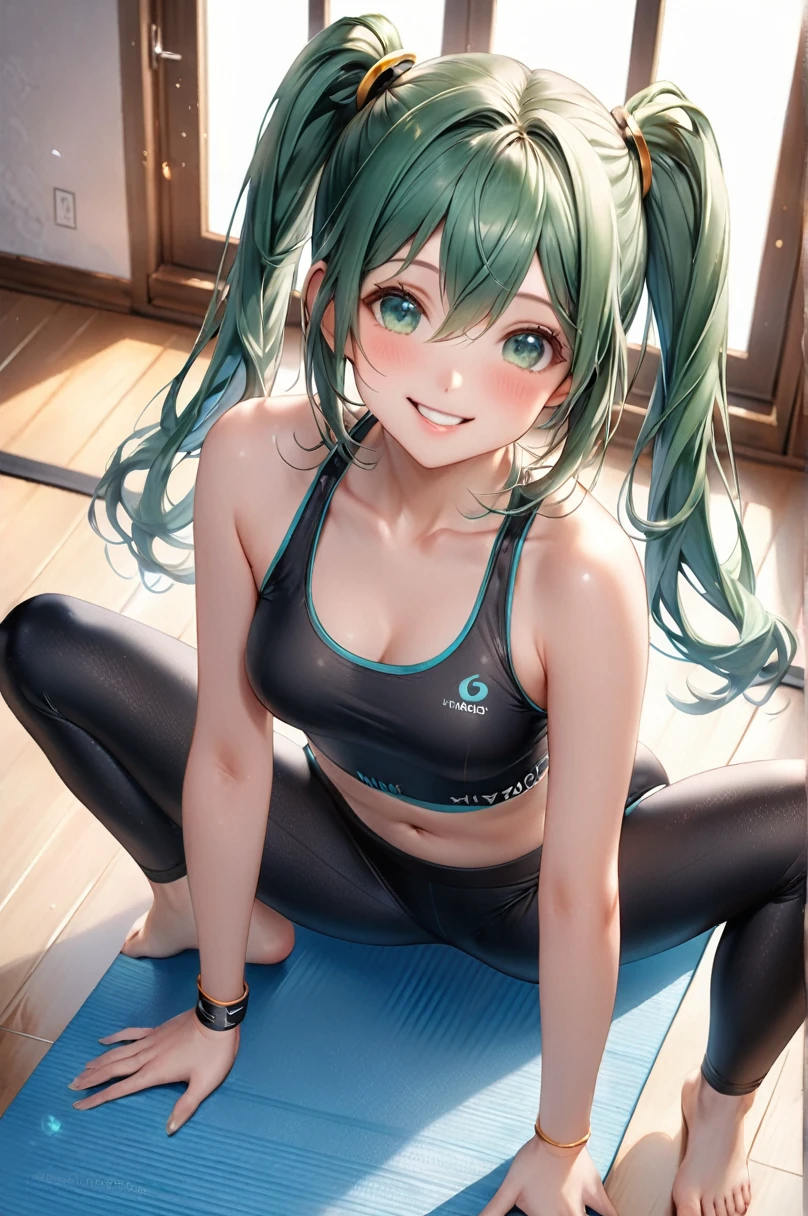 One beautiful girl、Hatsune Miku、、Small breasts, B cup、How tall are you１７２㎝、Weight is４５㎏、Slim figure、Virtual Singer、Miku is a yoga instructor、Appeal your whole body、Taking Action、/She is work in the yoga room /Green Eyes、long green hair、Do Yoga Poses、Smiling and shining in yoga class、Yoga Mat、Gymnastics、Special yoga outfit、laugh、Very cute smile、Look at me with a gentle gaze and say hello、The work is shot from above、A worldview centered around girls、draw in detail、A girl１background４Draw at a ratio of、4K、８K、Highest quality、Altitude Resolution、Ultimate Painting、Highly original works