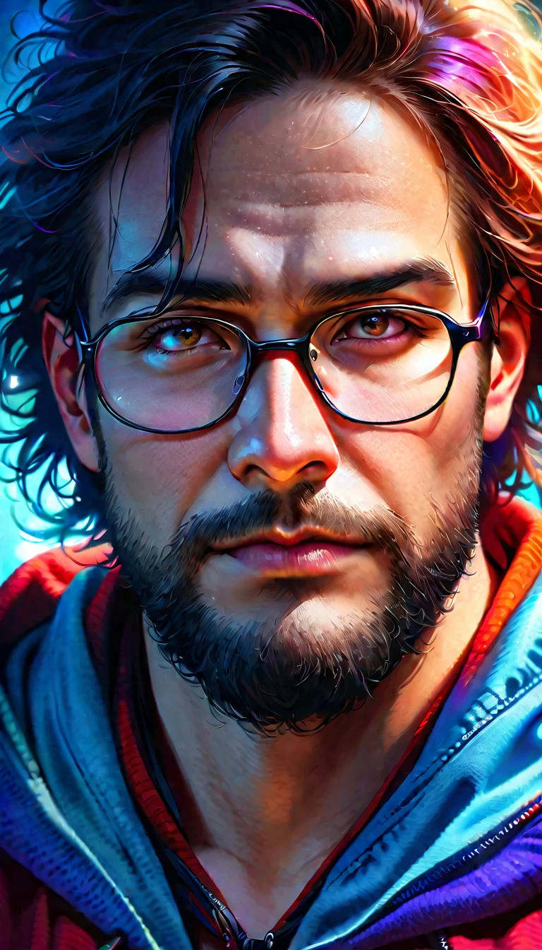 a young beard man, geek, portrait, detailed face, messy hair, glasses, hoodie, realistic, photorealistic, HDR, 8K, extremely detailed, award winning, highly detailed, intricate details, hyper realistic, cinematic lighting, dramatic lighting, dramatic contrast, vibrant colors, vivid colors, beautiful colors, beautiful lighting