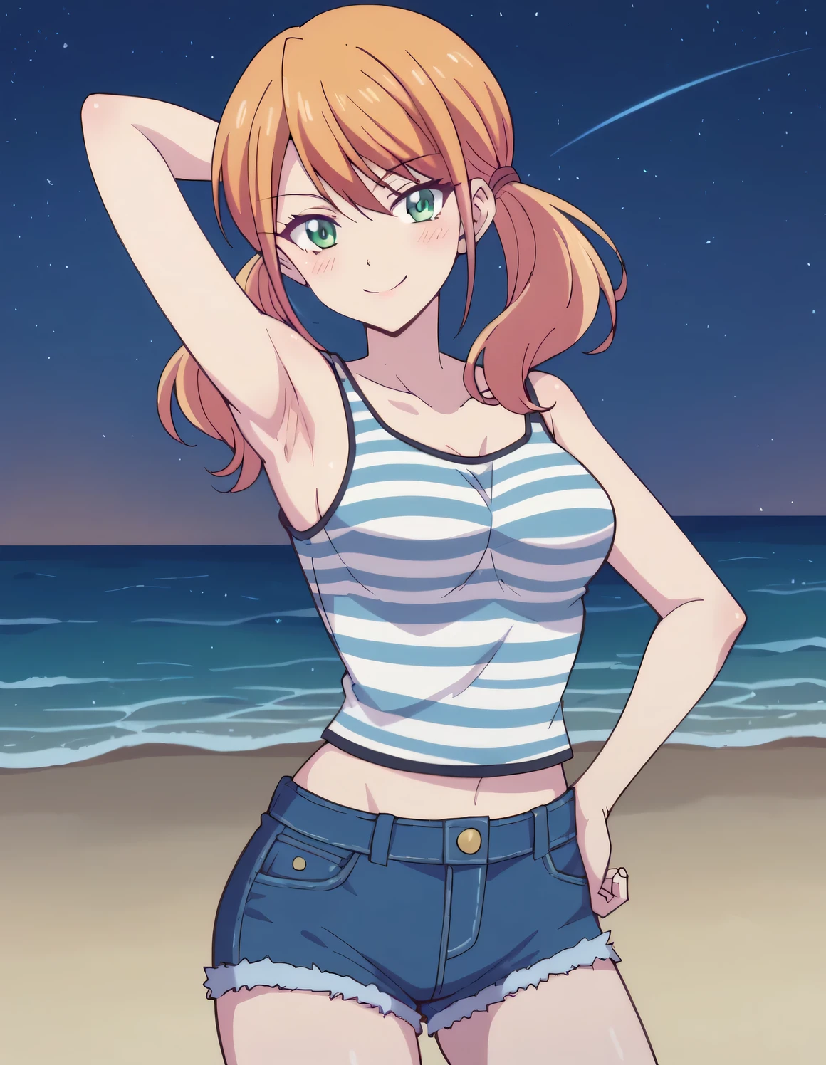 riho tsukishima, long hair, bangs, twintails, green eyes, low twintails, striped tank top, jean shorts, high quality, solo, blushing, night sky, beach, arm behind head, hand on hip, medium breast, contrapposto, closed mouth, spread armpits, cowboy shot, looking at viewer, smile, best quality,