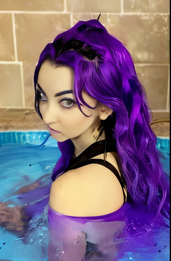 arafed woman with purple hair sitting in a hot tub, 1 goth girl, she looks like a mix of grimes, pale goth beauty, looks like a mix of grimes, resembling a mix of grimes, charli bowater, pale skin and purple eyes, dark purple hair and cybernetics, with tattoos, very beautiful goth top model