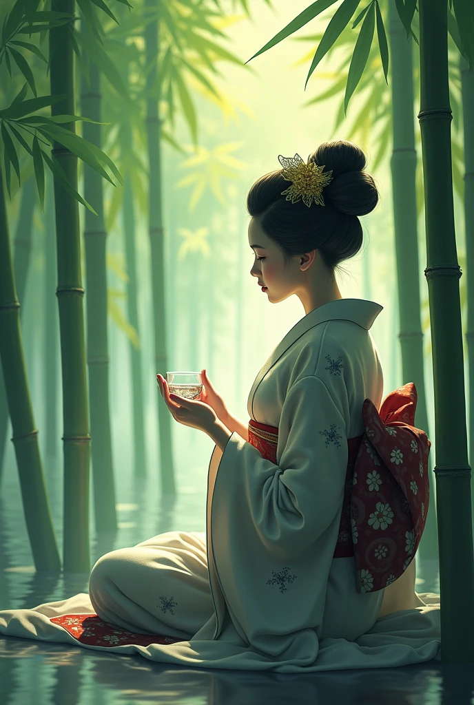 A geisha contemplating a bamboo forest with a small glass of water. 