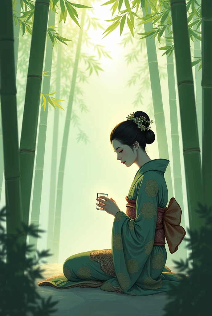 A geisha contemplating a bamboo forest with a small glass of water.