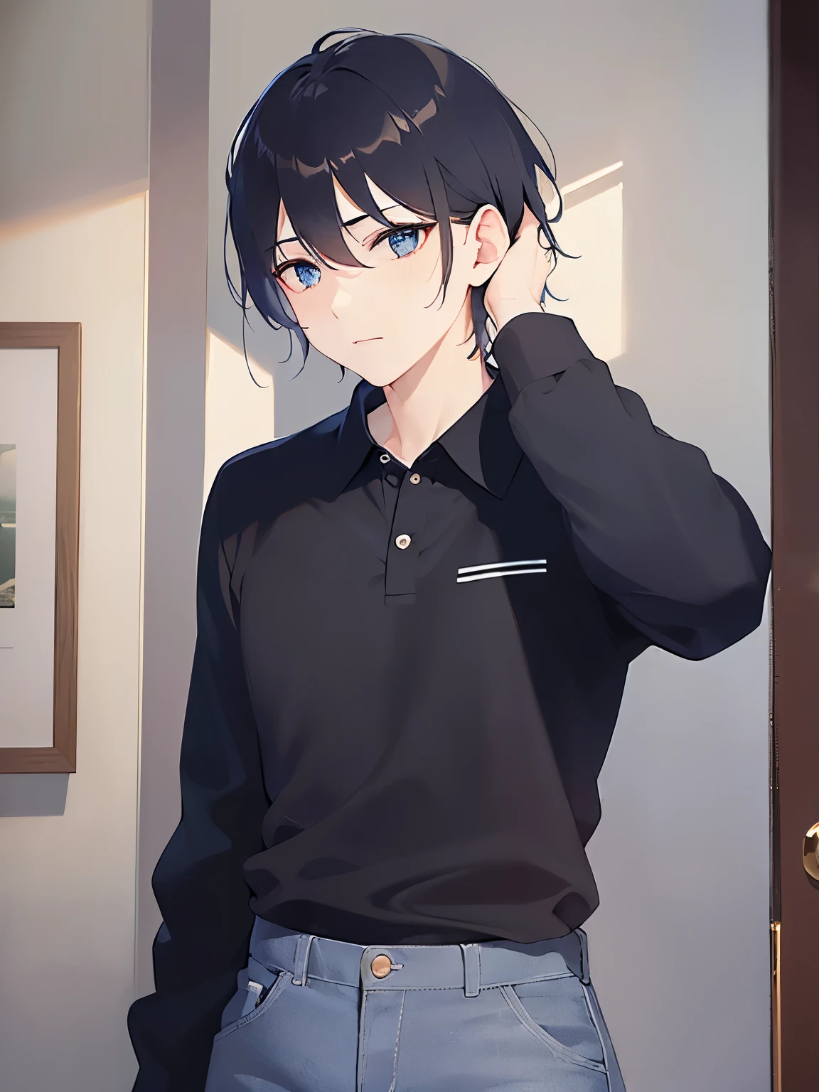 (hand on own head:1.5),upper body,(looking away:1.5),
shiny skin, masterpiece、Highest quality、
(2 male:1.5) and (Black short hair) and (blue eyes),
(black polo shirt),
confused,Are standing、
office、(alone:1.5)