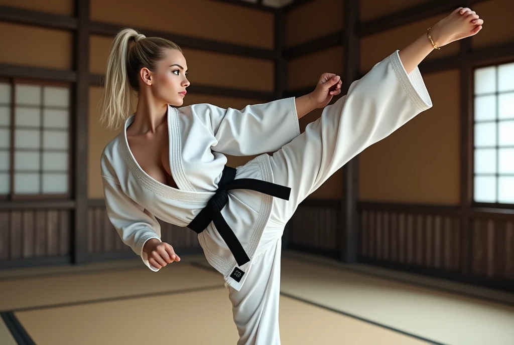 Karate pose, Dynamic pose,  ((kick)), Side view, Full- body,  beautiful Russian woman, 3, (blond hair, short pony tail , Gray eyes, Beautiful Lips, serious), (middle Breasts, middle Hips) ,((Karate White clothes, Karate underwear,  Black obi)), (White underwear), At the Karate Dojo, Standing on tatami mat, Textured skin ((Surrealism, Fujicolor, Fujifilm, UHD, retina, masterpiece, accurate, anatomically correct, textured skin, super detail, high details, high quality, best quality, 8k))
