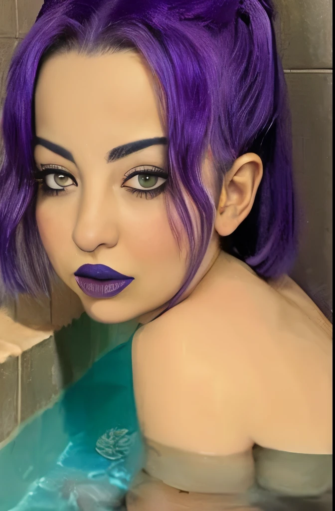 arafed woman with purple hair sitting in a hot tub, a photo inspired by Rowena Meeks Abdy, reddit, massurrealism, 1 goth girl, she looks like a mix of grimes, pale goth beauty, looks like a mix of grimes, resembling a mix of grimes, charli bowater, pale skin and purple eyes